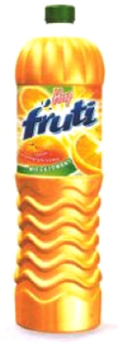 Żółta butelka z zielonym korkiem a na etykiecie granatowy napis frutti oraz owoce pomarańczy całe i w kawałkach