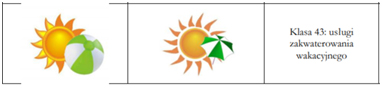 Żółte słońce z biało-zieloną piłką obok żółte słońce z biało-zielonym parasolem i napis Klasa 43 usługi zakwaterowania wakacyjnego