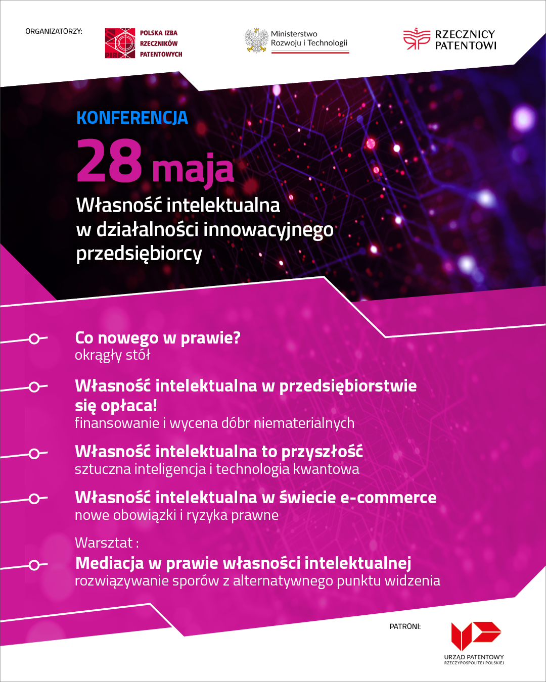 Agenda konferencji Własność intelektualna w działalności innowacyjnego przedsiębiorcy