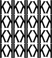 Biało-czarny deseń w postaci geometrycznej kratki utworzonej z powtarzających się dwóch liter K gdzie druga litera jest odwrócona