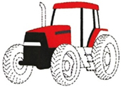 Biało-czarny rysunek traktora gdzie poszczególne elementy maski dachu i nadkola są w kolorze czerwonym i czarnym