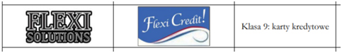 Czarno-szary napis FLEXI SOLUTIONS obok biały napis Flexi Credit na niebieskim tle z niebieską i czerwoną falą poniżej a obok napis Klasa 9 karty kredytowe