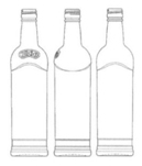 Czarno-biały rysunek butelki przedstawionej z trzech stron z ozdobnym poziomym tłoczeniem poniżej szyjki i bez etykiety na białym tle