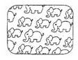Czarny prostokąt zawierający wiele czarnych kształtów słoni na białym tle widocznych z boku z lewej strony z uniesionymi trąbami na białym tle