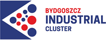 Czerwono-niebieski napis Bydgoszcz Industrial Cluster z  kołami i trójkątami w kolorach niebieskich i czerwonych