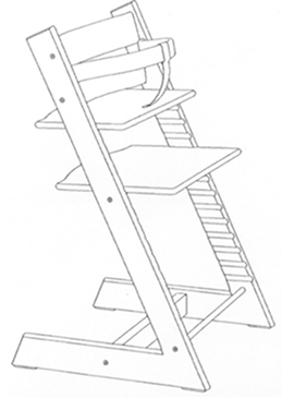 Czarno-biały rysunek krzesła dla dzieci z regulowaną wysokością siedziska i podnóżka