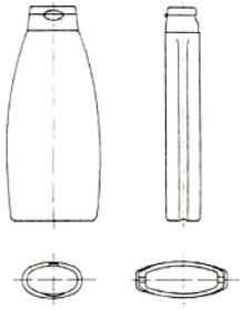 Czarno-biały rysunek przedstawiający  obłą butelkę z zamknięciem w rzutach z czterech stron z zaznaczonymi osiami