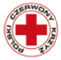 Czerwony krzyż wokół w czerwonym otoku czarny napis Polski Czerwony Krzyż