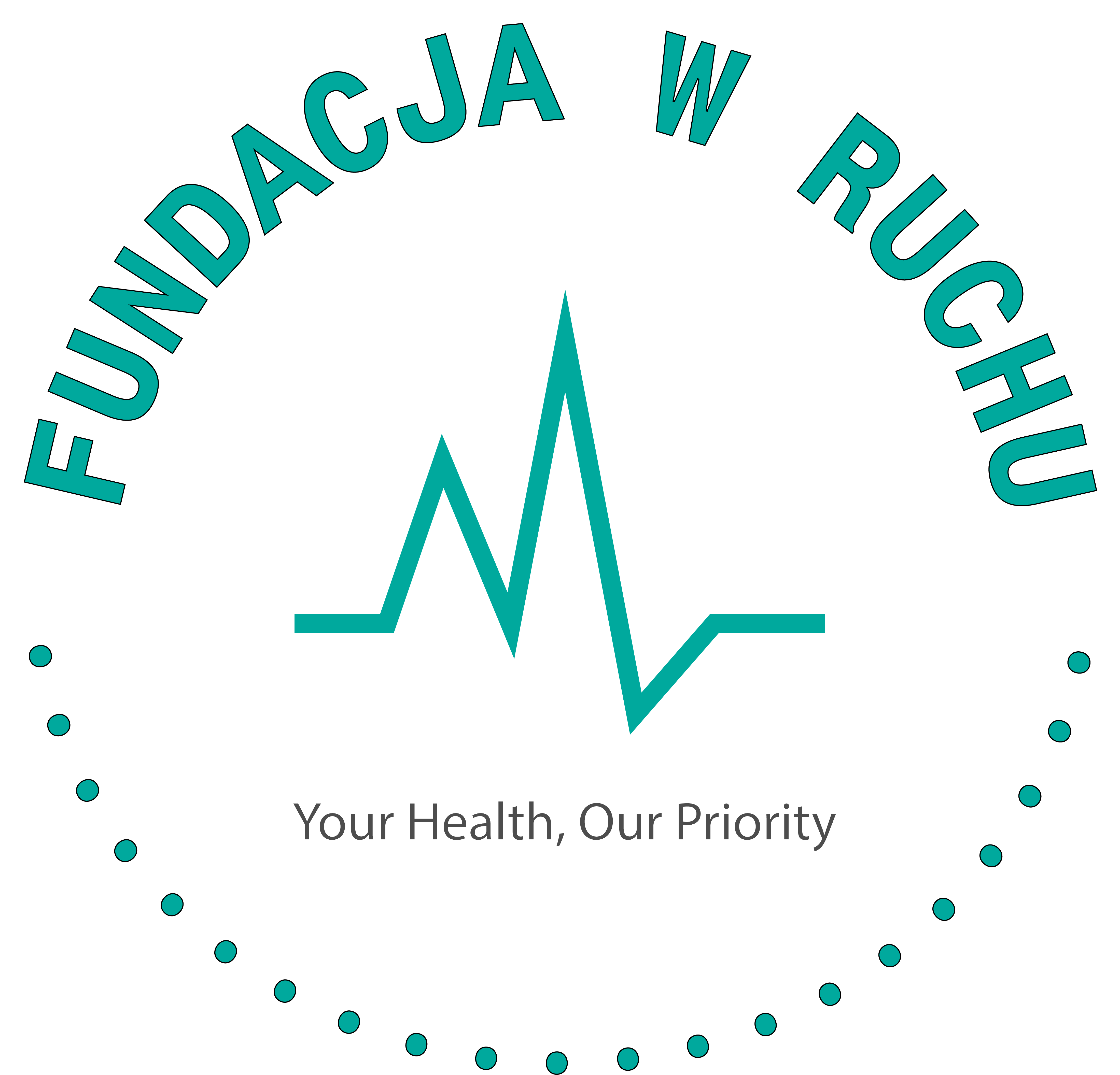 Logotyp Fundacji W Ruchu z angielskojęzycznym napisem your health our priority