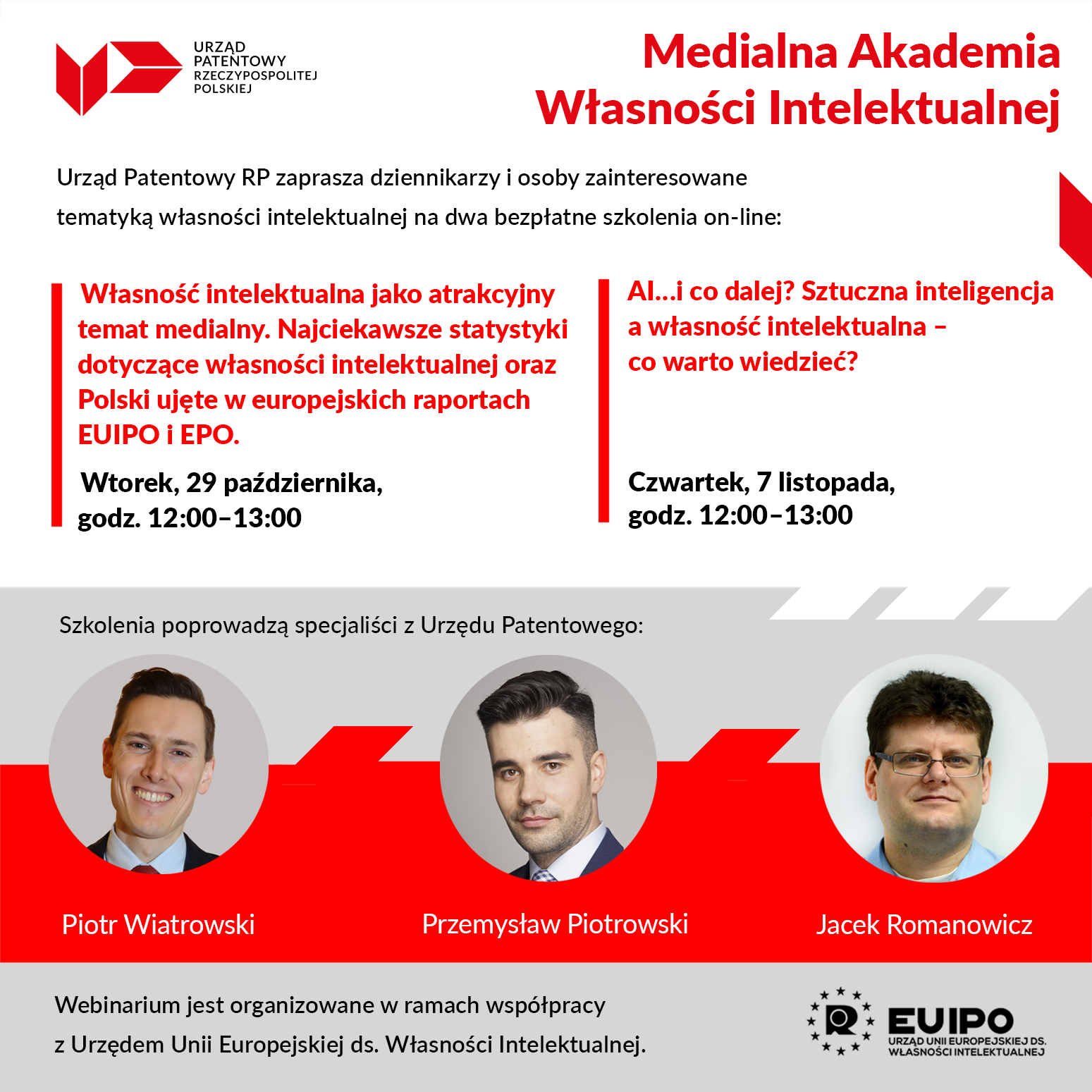 Baner dotyczący szkoleń w ramach Medialnej Akademii Własności Intelektualnej odbywających się 29 października i 7 listopada 2024 roku