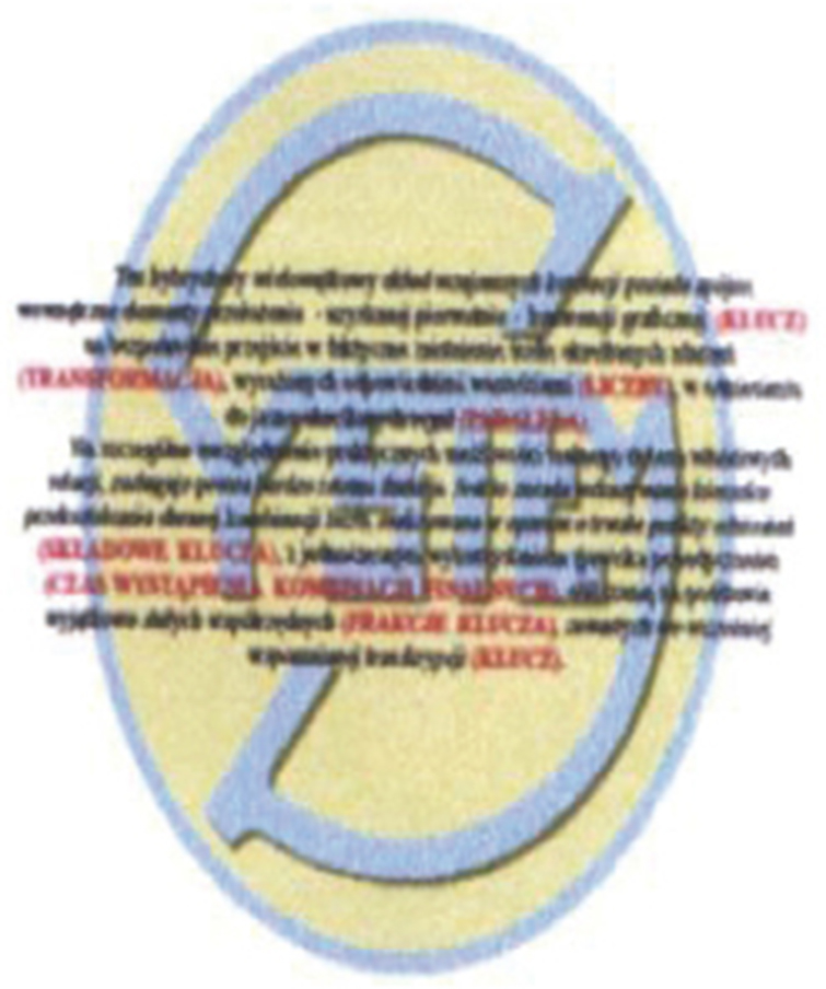 Niebieska elipsa wypełniona żółtym kolorem zawierająca niebieski napis SYSTEM oraz dwanaście linii tekstu w kolorach czarnym i czerwonym