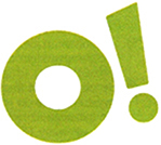 Pogrubiony zielony napis na białym tle w postaci litery O z wykrzyknikiem który jest lekko uniesiony i przekrzywiony w lewą stronę