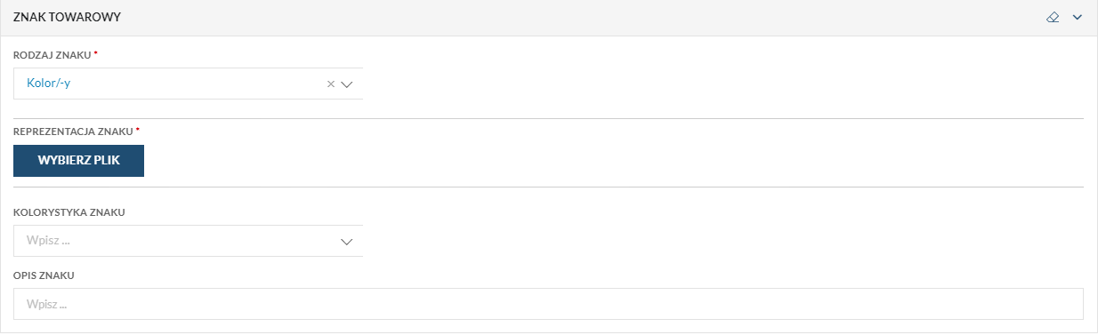 Sekcja „Znak towarowy". Wybrany rodzaj znaku „Kolor/-y"