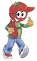 Wielokolorowy rysunek chłopca z czerwoną głową w kształcie pomidora i butelką keczupu w prawej ręce