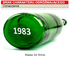 Zielona szklana okrągła butelka leżąca i pokazana od strony dna na którym jest duża biała data 1983